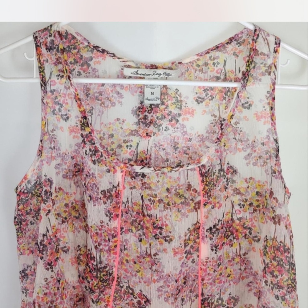 American Rag Sheer Floral High Low Tank Top Pink Boho Flow Blouse Medium - Picture 3 of 4